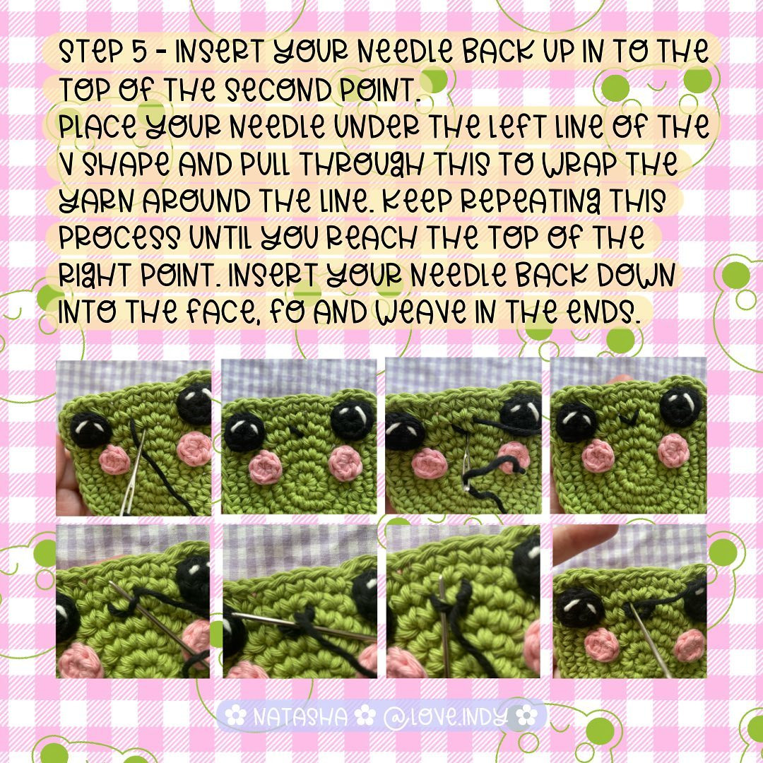 Green frog crochet pattern with black eyes and pink cheeks