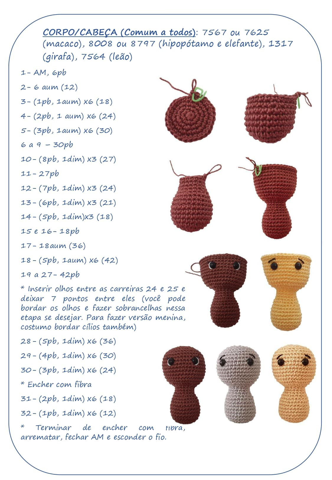 Hipopótamo padrão de crochê, leão, elefante, zebra, veado.