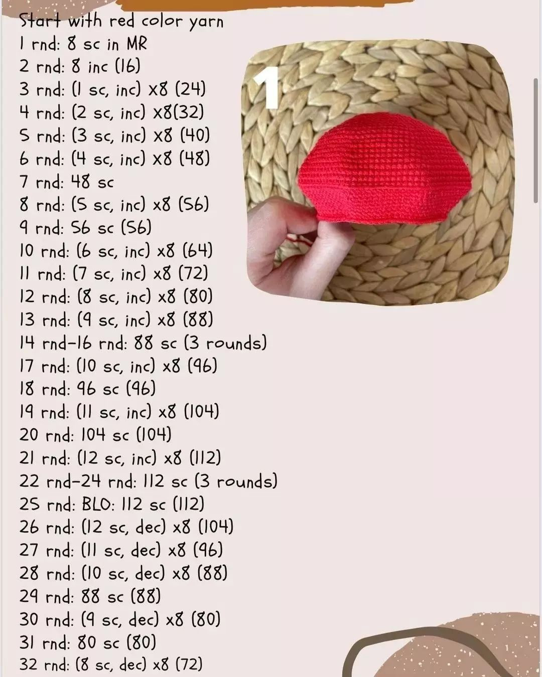 Mushroom crochet pattern with red hat.