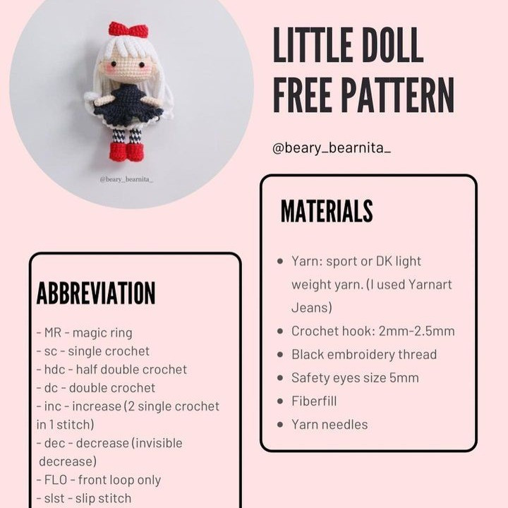 Pattern crochet doll with white hair, red bow, wearing a black dress.