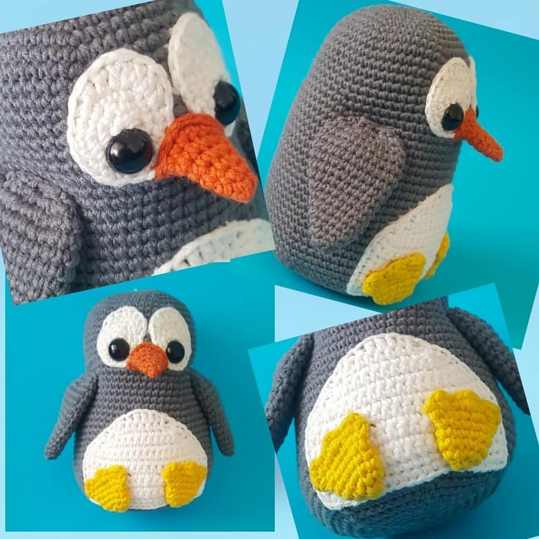 Penguin crochet pattern wearing blue hat, green scarf, yellow legs.