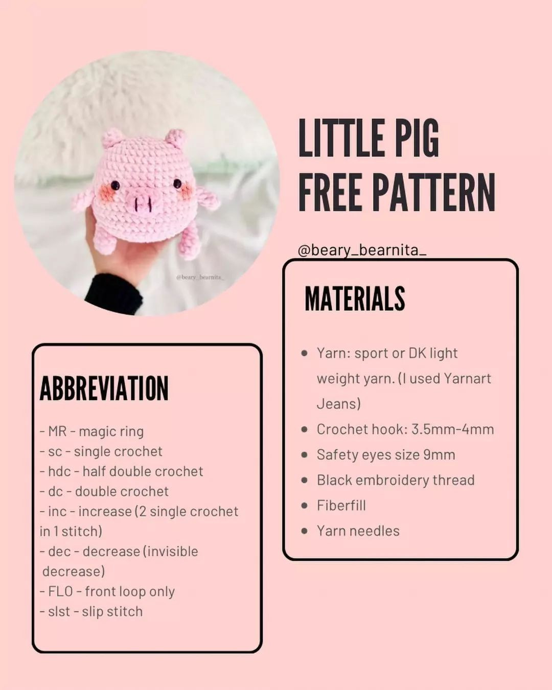 Pink pig crochet pattern, pink cheeks