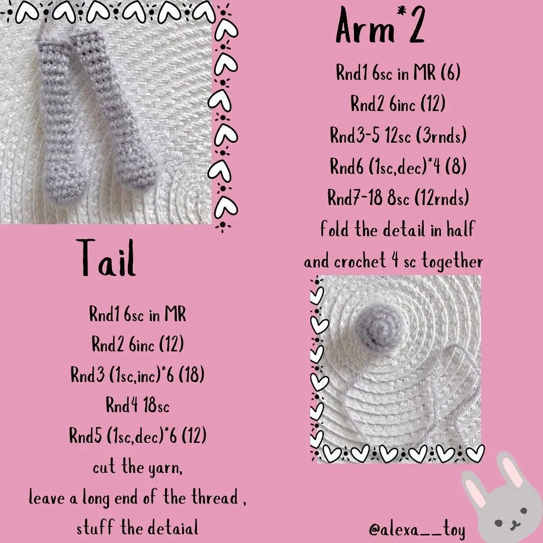 Rabbit crochet pattern with cup ears, bow tie, hand hugging heart.