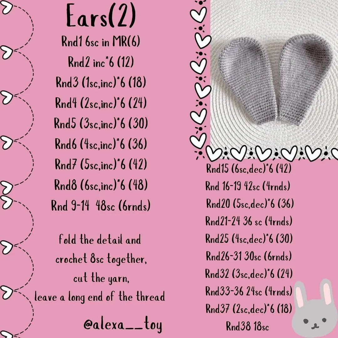 Rabbit crochet pattern with cup ears, bow tie, hand hugging heart.