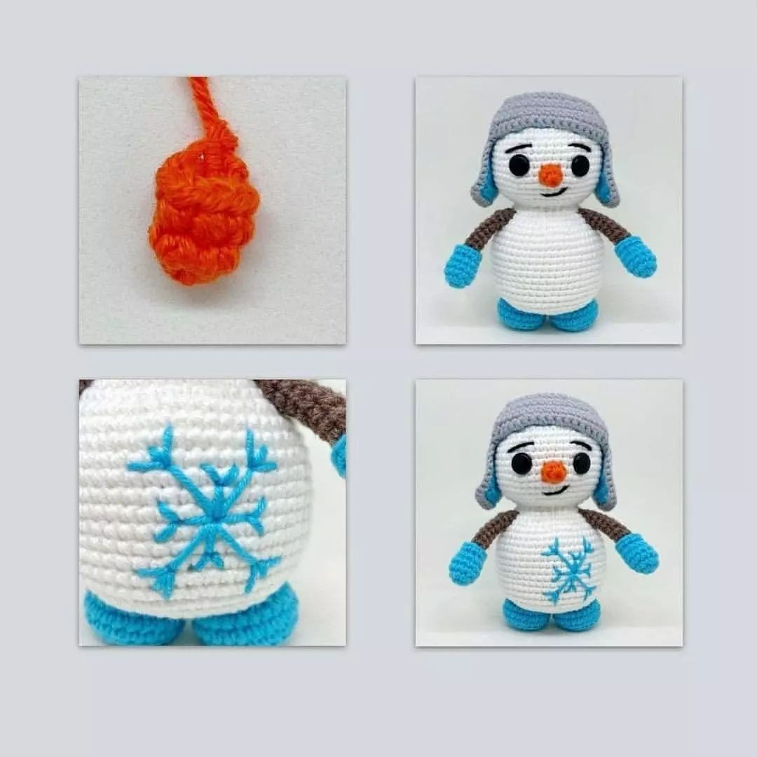 Snowman crochet pattern wearing gray hat and red scarf.
