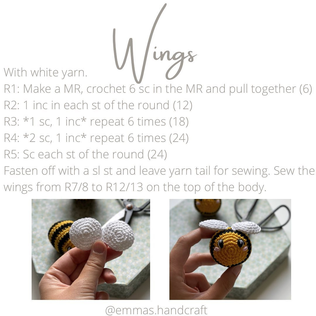 White winged bee crochet pattern with black stripes.