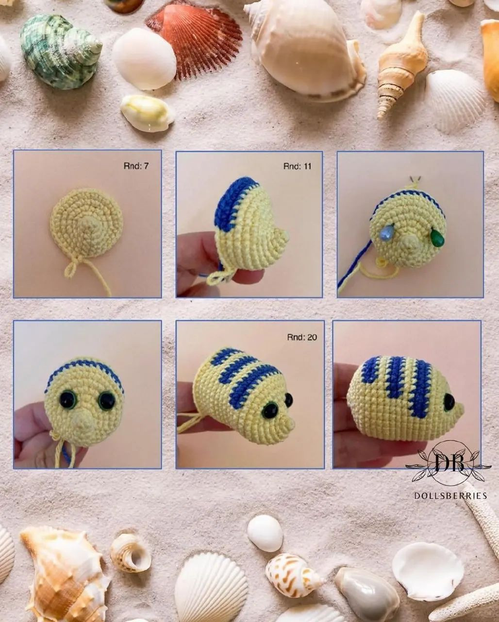 Yellow fish crochet pattern with blue fin
