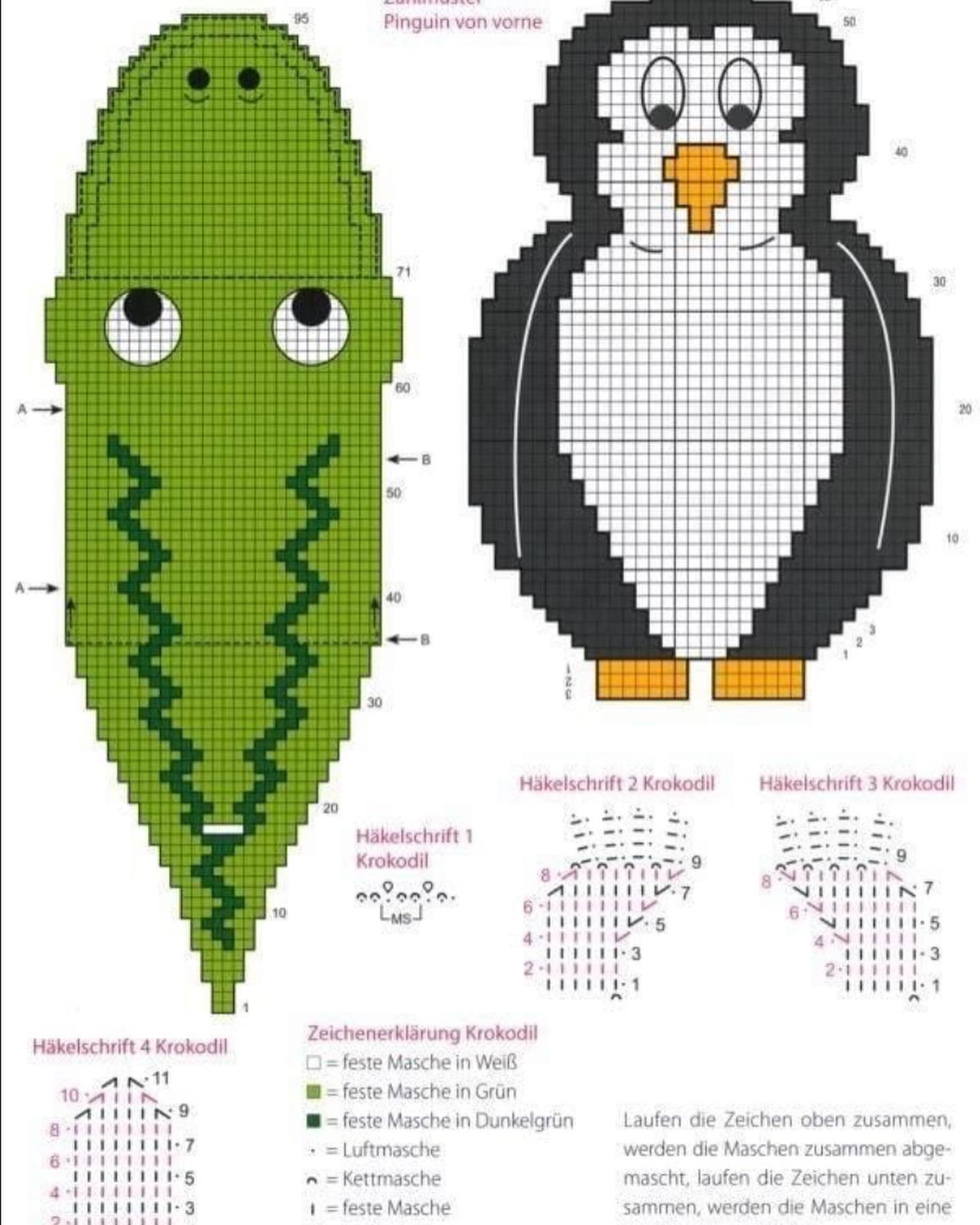 2D free crochet pattern.horse, duck, cat, bird, crocodile, penguin.