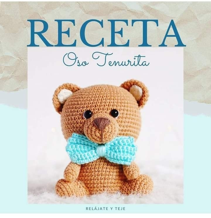 brown bear, blue bow, white ears crochet pattern