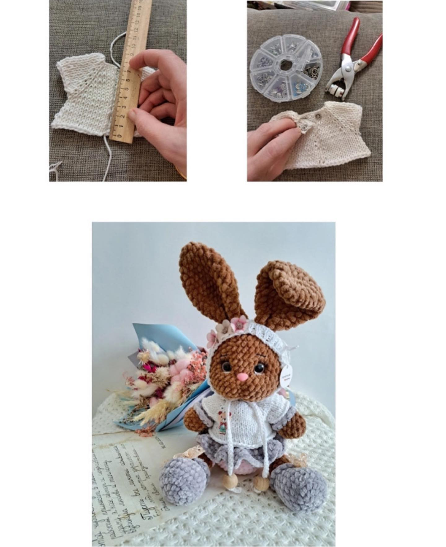 brown rabbit and big-eared gray rabbit, wearing white shirt, white hat free crochet pattern