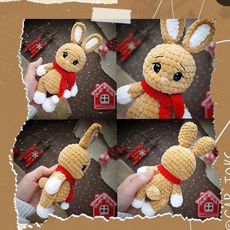 brown rabbit and brown cat, white ears, black eyes, red scarf, white hands and feet crochet pattern