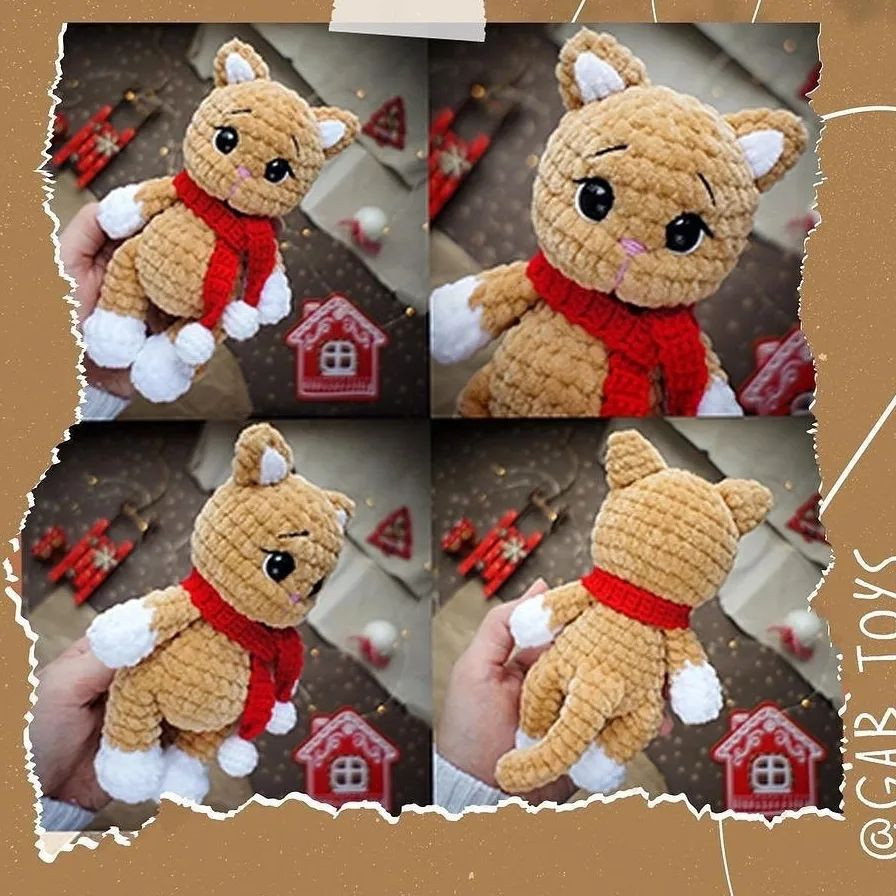 brown rabbit and brown cat, white ears, black eyes, red scarf, white hands and feet crochet pattern