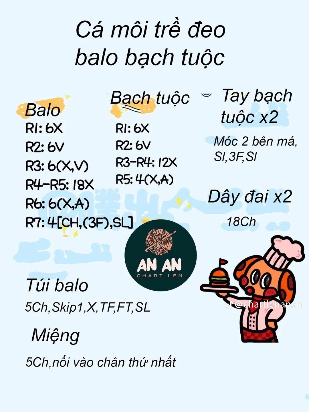 Chart móc len cá môi trề đeo balo bạch tuộc.