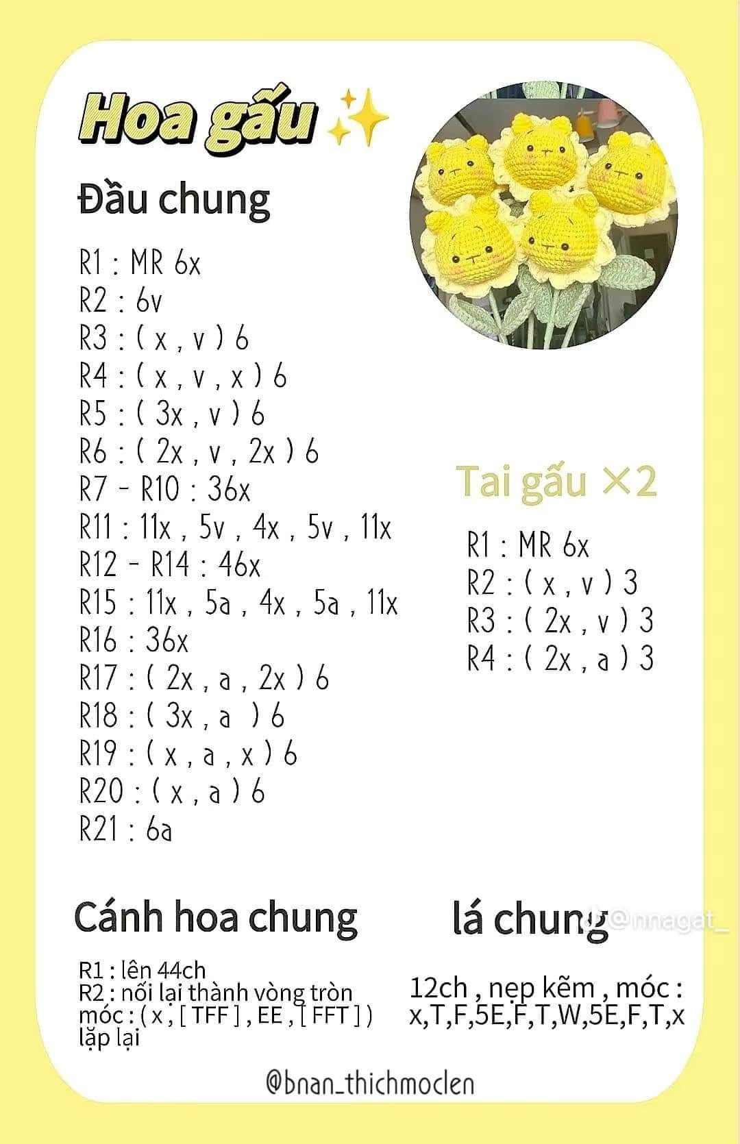 Chart móc len hoa thú, Hoa gấu, Hoa heo, Hoa rồng, Hoa thỏ, Hoa cúc mặt cười.