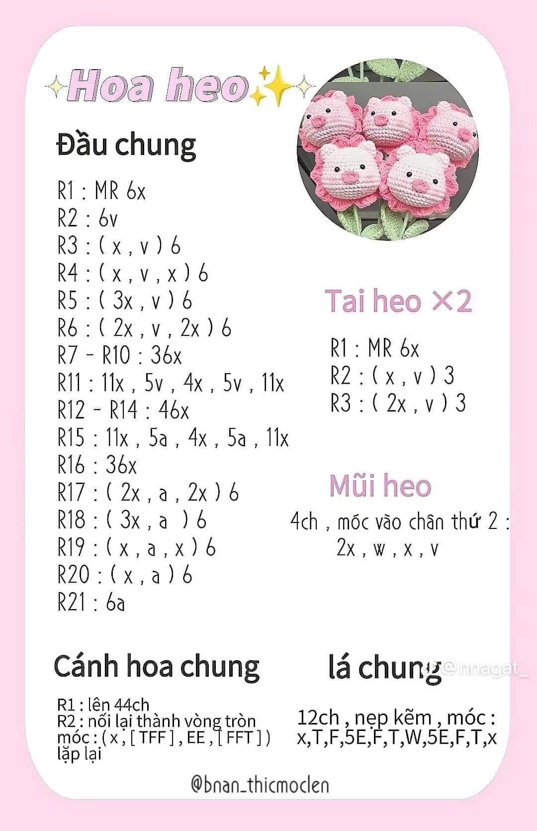 Chart móc len hoa thú, Hoa gấu, Hoa heo, Hoa rồng, Hoa thỏ, Hoa cúc mặt cười.