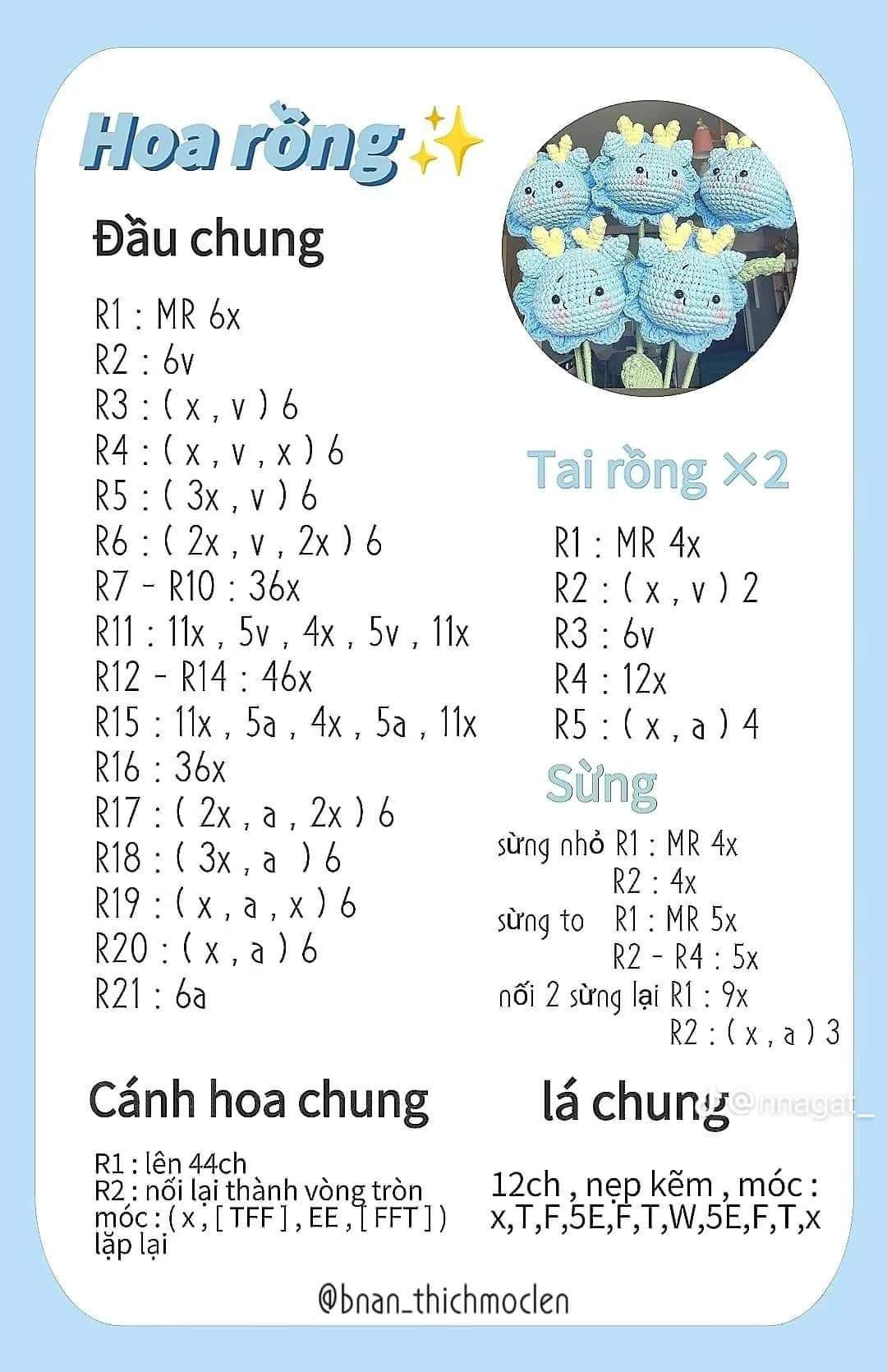 Chart móc len hoa thú, Hoa gấu, Hoa heo, Hoa rồng, Hoa thỏ, Hoa cúc mặt cười.