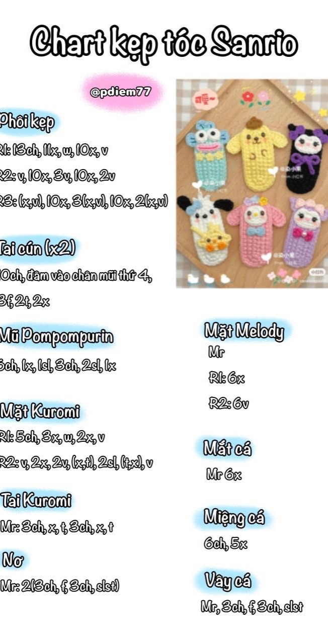 Chart móc len kẹp tóc sanrio