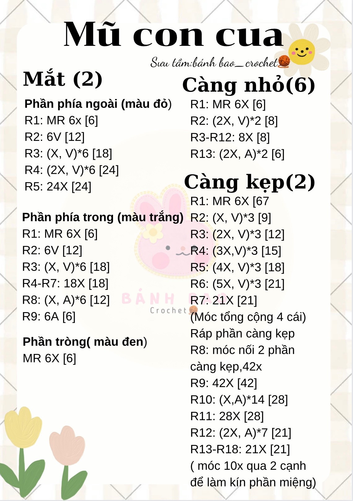 chart móc len mũ con cua màu đỏ, mắt màu trắng.