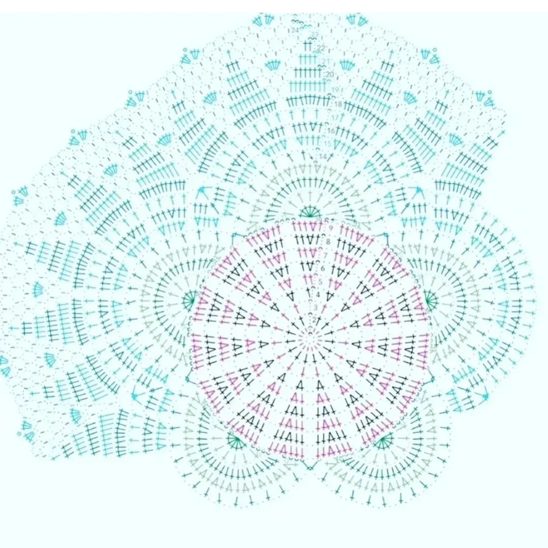 Free crochet circular pattern with five petals in the center.