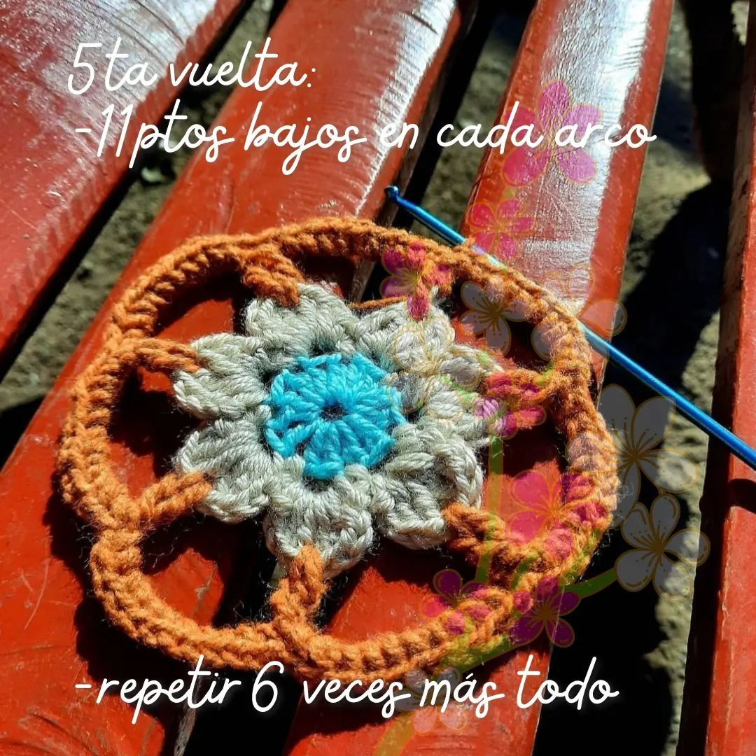 free crochet circular pattern with petals at the edge.