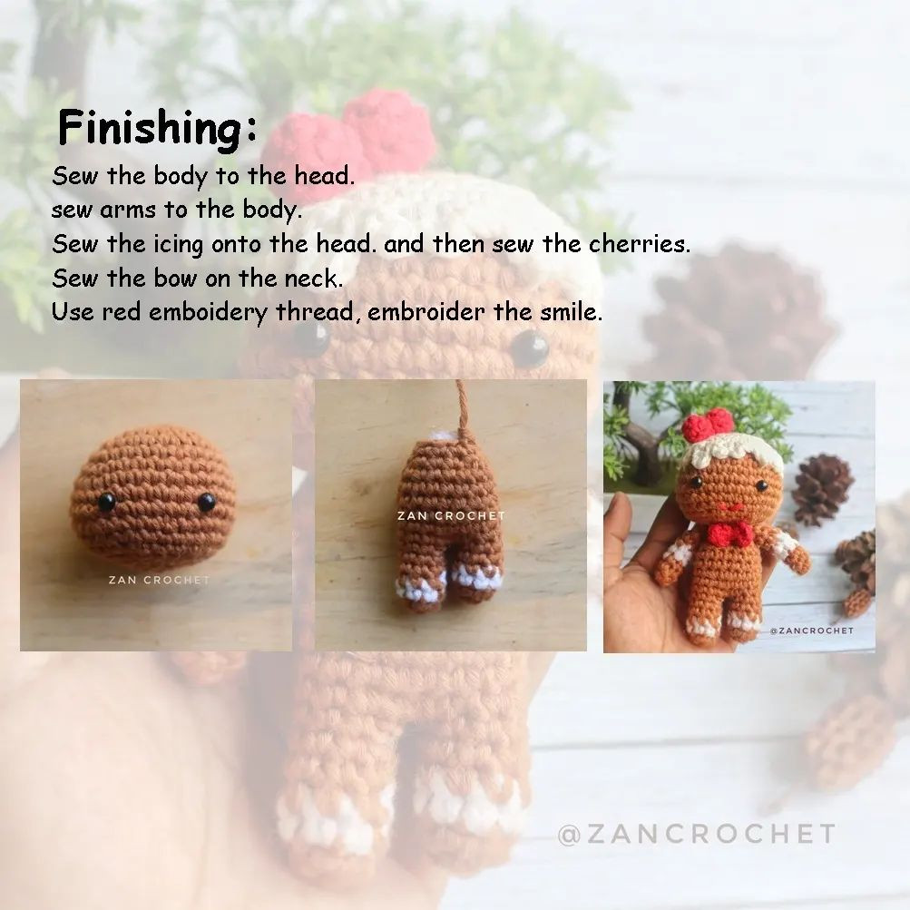 free crochet gingerbread pattern with red bows on the head and at the neck.