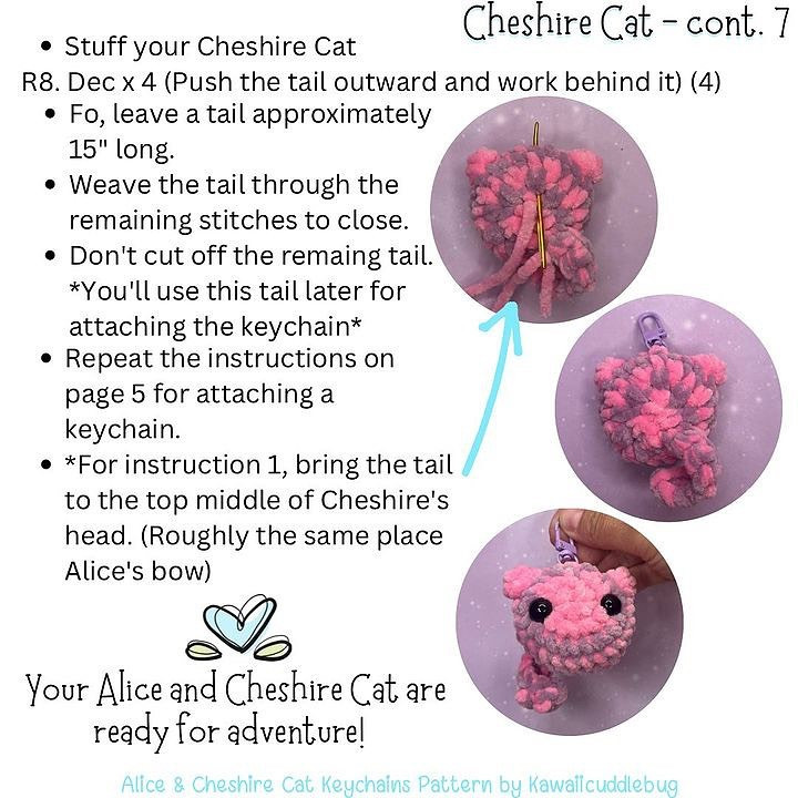 free crochet pattern alice and cheshire cat keychains