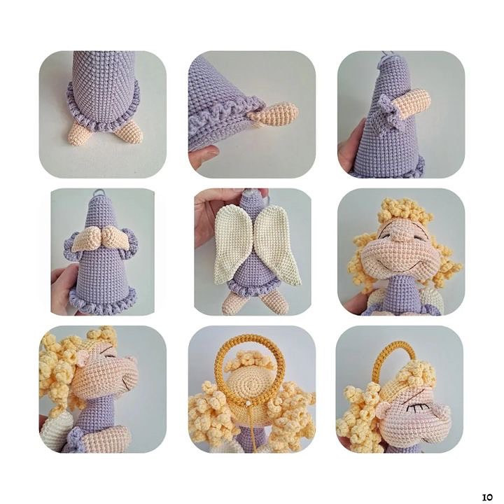 free crochet pattern angel wearing purple dress.