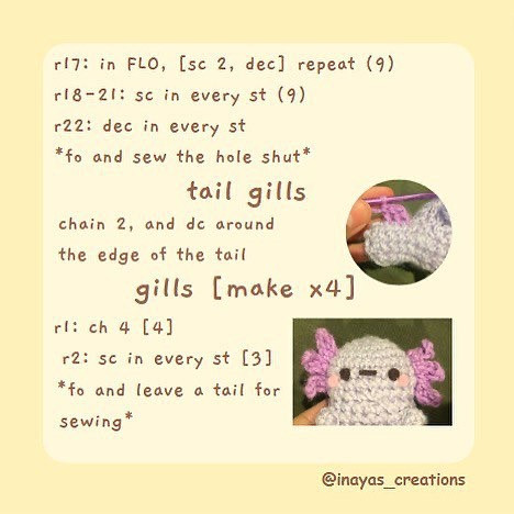 free crochet pattern axolotl pink, horns white.