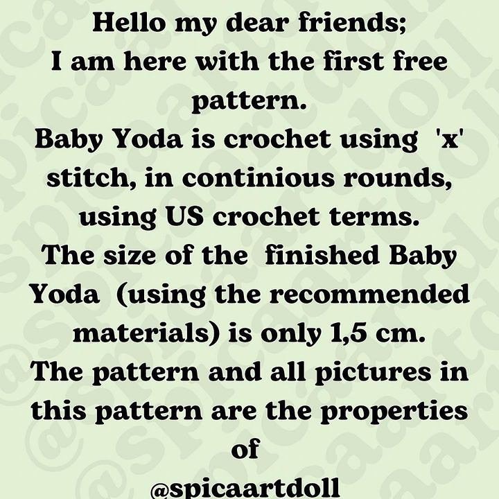 free crochet pattern baby yoda blue, wearing brown shirt.