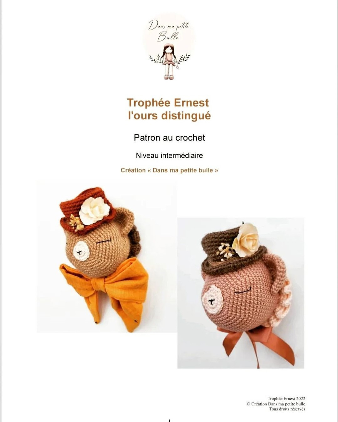 free crochet pattern bear head wearing hat.