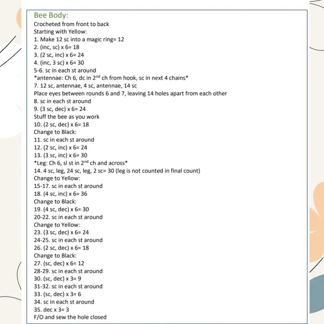 free crochet pattern black yellow striped bee, white wings.