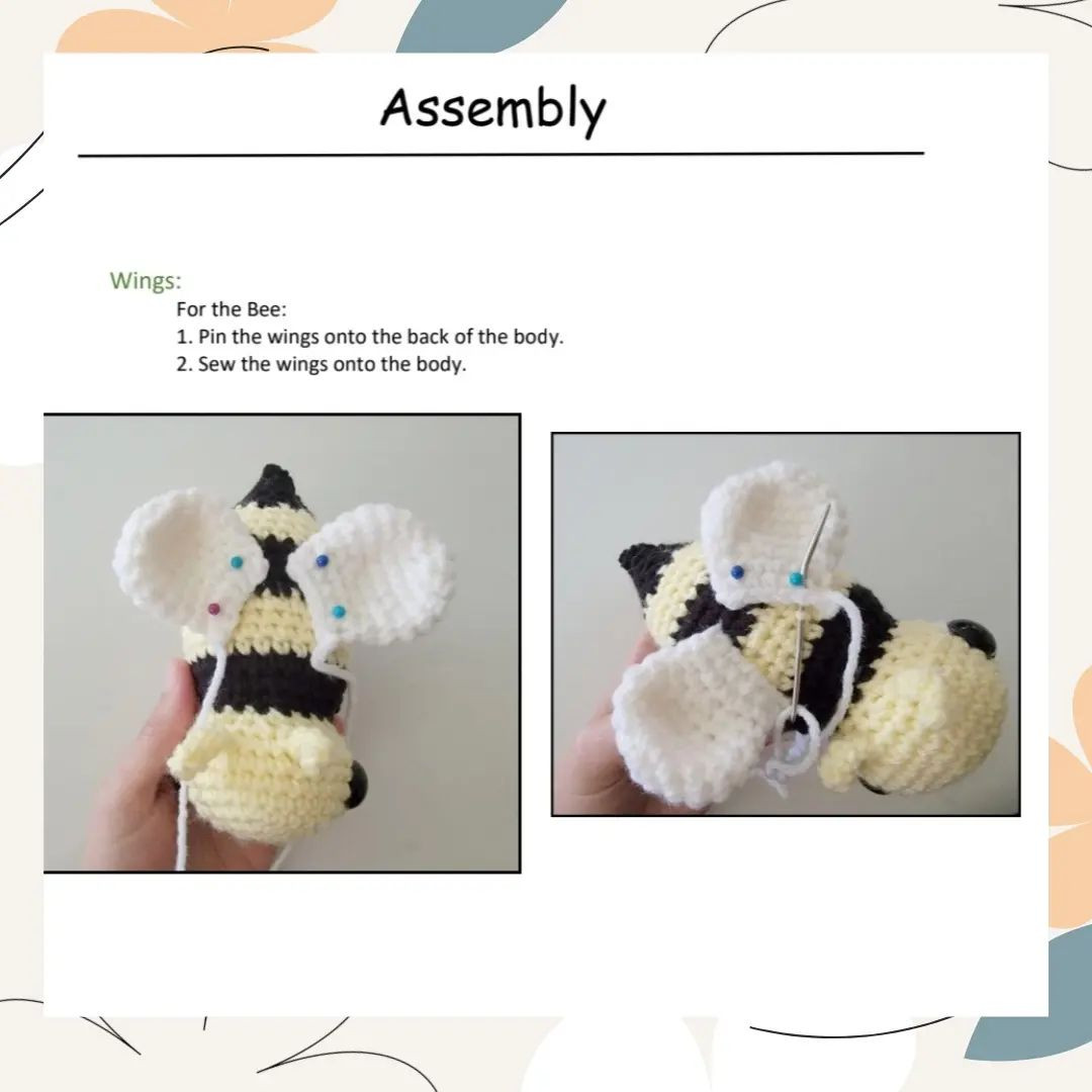 free crochet pattern black yellow striped bee, white wings.