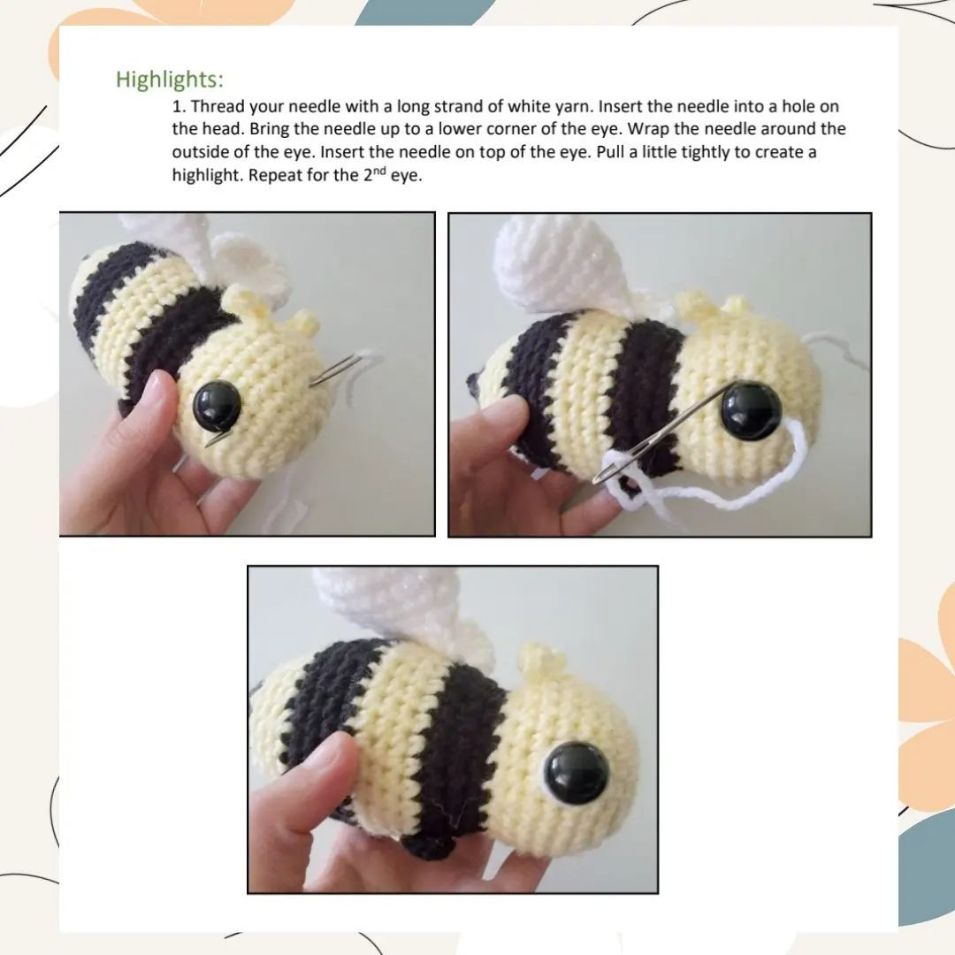 free crochet pattern black yellow striped bee, white wings.