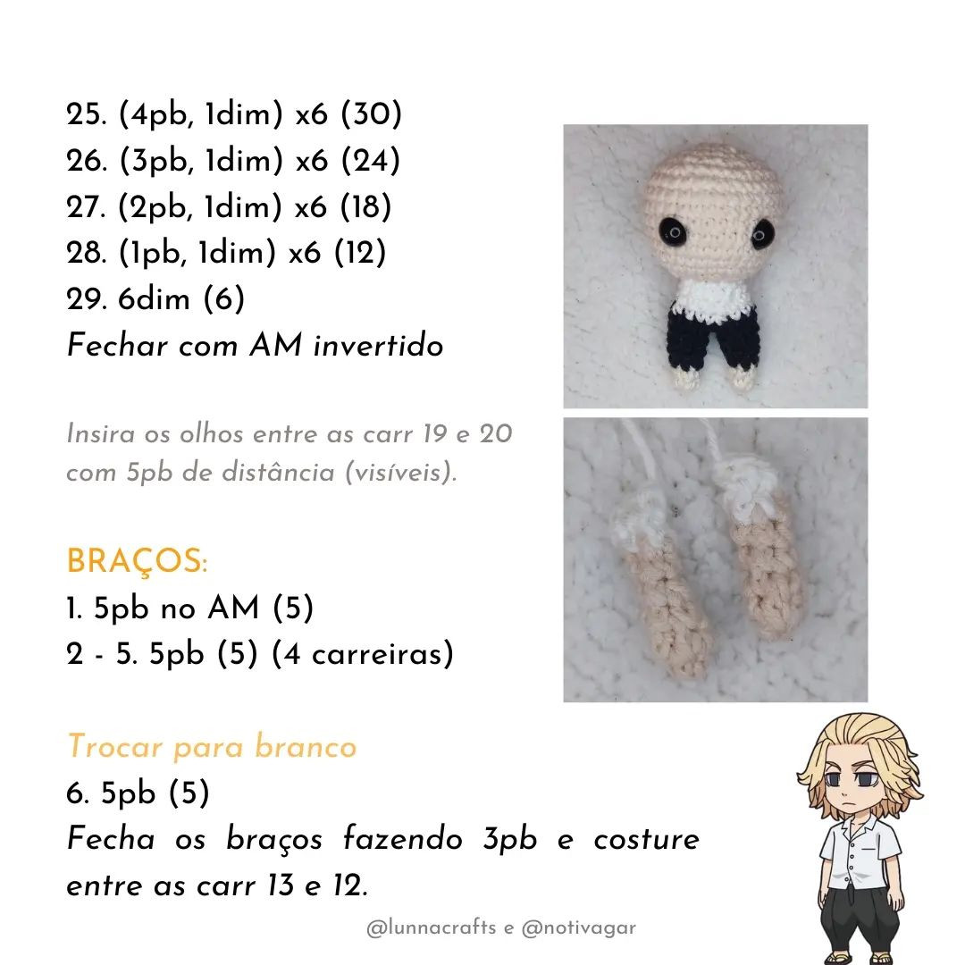free crochet pattern blonde doll wearing white shirt and black pants.