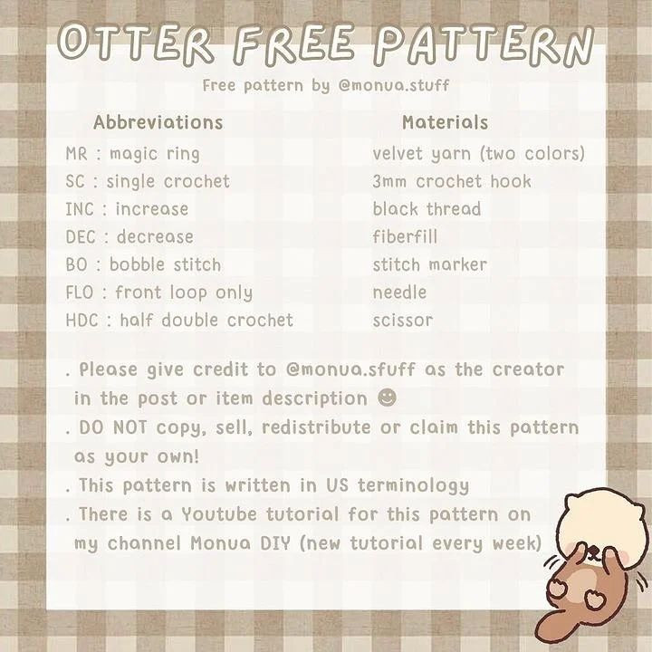 free crochet pattern brown otter, white face.