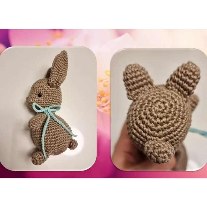 free crochet pattern brown rabbit tied with a bow at the neck.