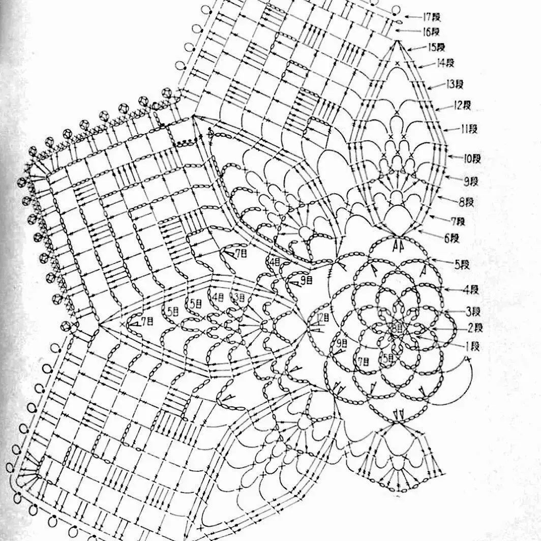 free crochet pattern circle with circles on the edges, leaves on the inside.