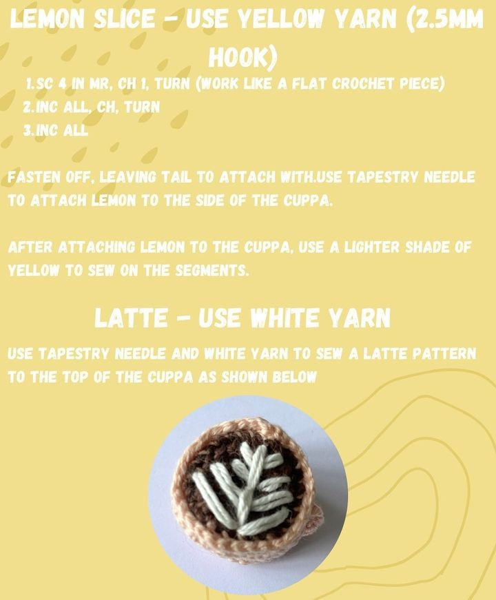 free crochet pattern cuppa tea hot chocolate latte lemon