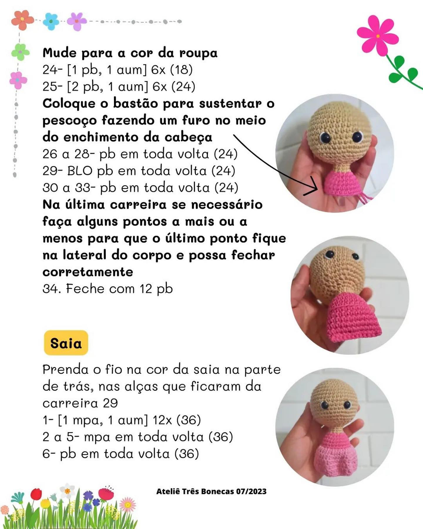 free crochet pattern doll wearing yellow hat wearing blue dress.