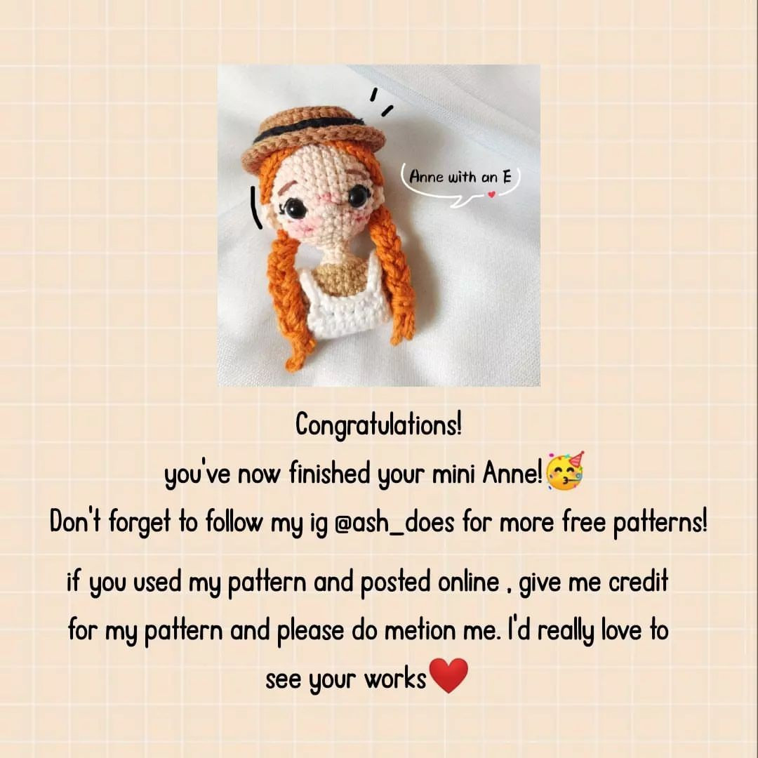 free crochet pattern doll with orange hair, white shirt and colored hat.