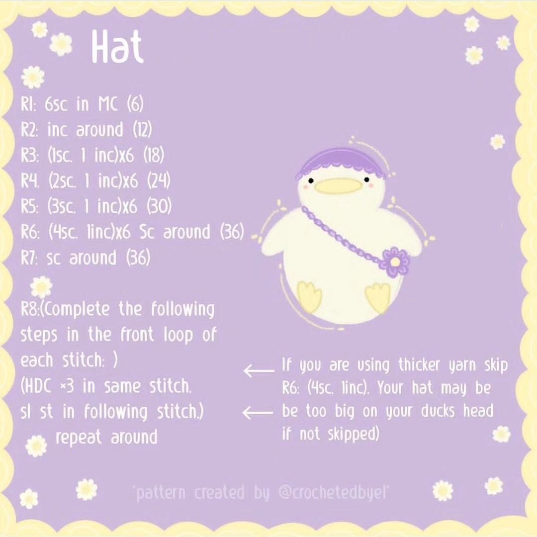 free crochet pattern duck wearing purple hat