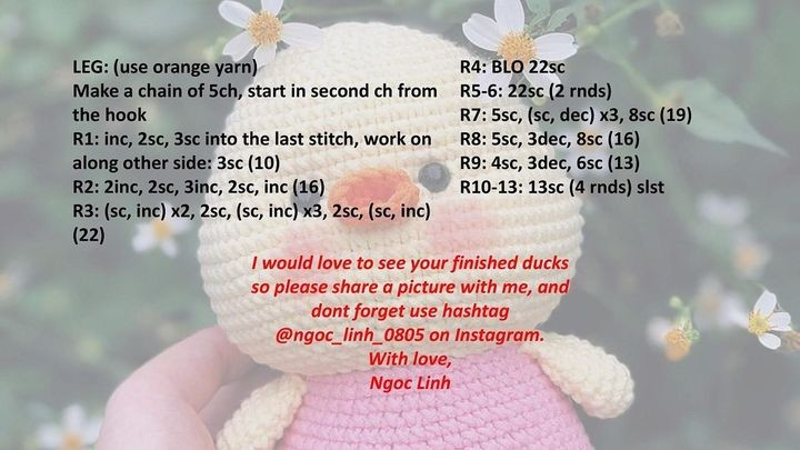 free crochet pattern duckling wearing pink dress.