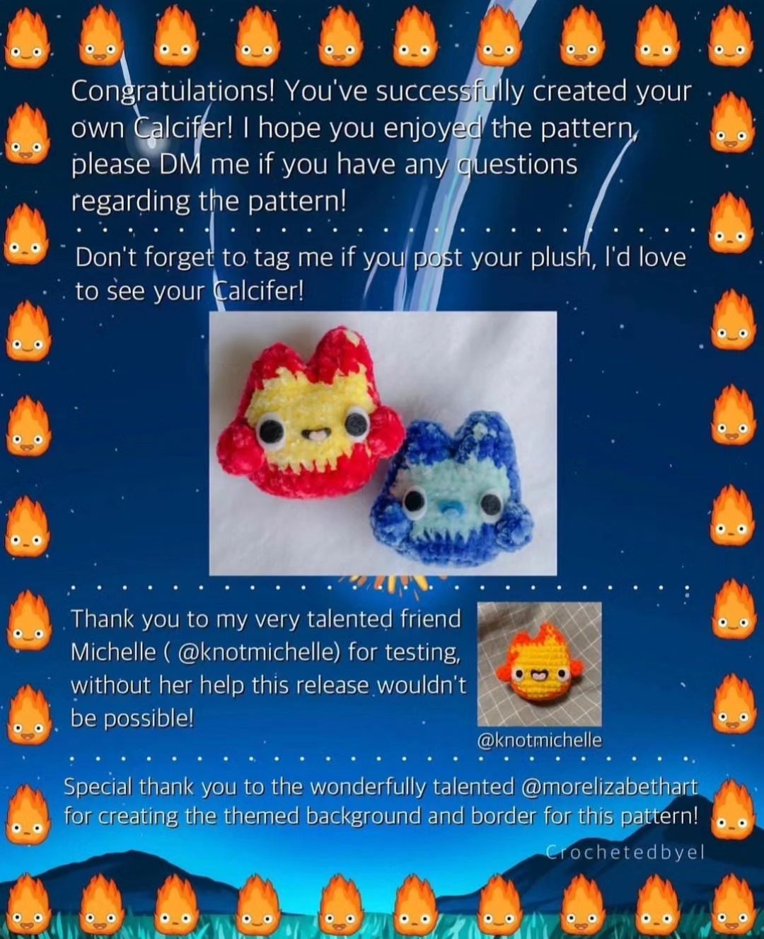 free crochet pattern flame red, blue.