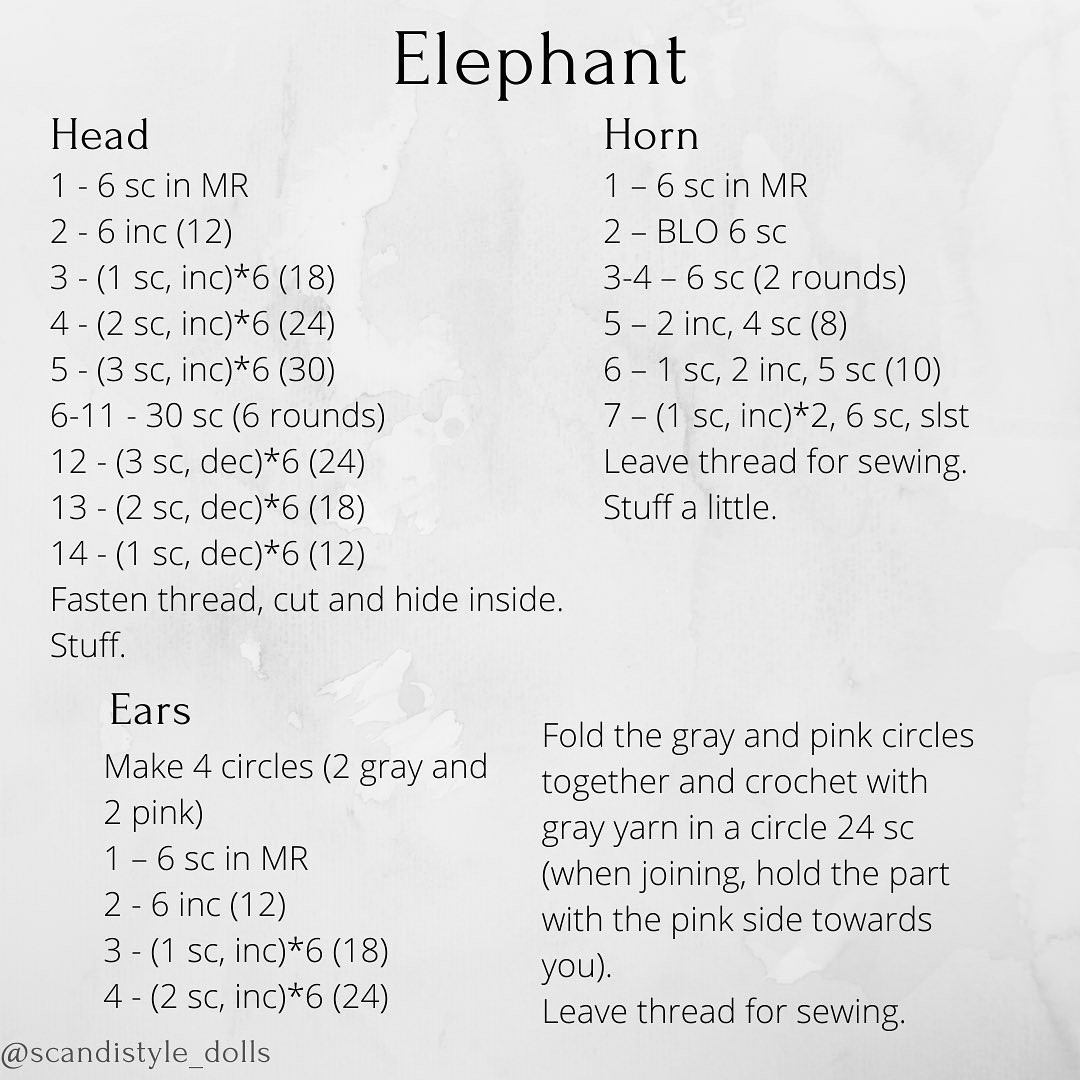 free crochet pattern gray elephant, pink ears.