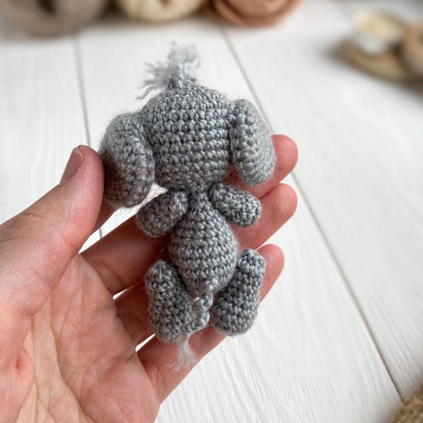 free crochet pattern gray elephant, pink ears.