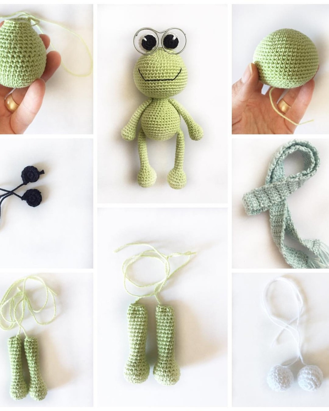 free crochet pattern green frog with bulging eyes wrapped in scarf.