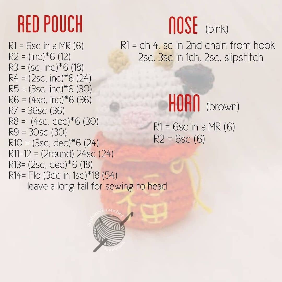 free crochet pattern happy chinese new year, cow, red, orange horns, black ears, milky white