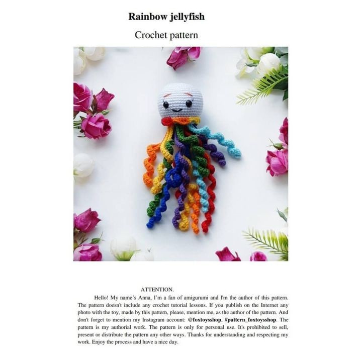 free crochet pattern jellyfish with rainbow tentacles.