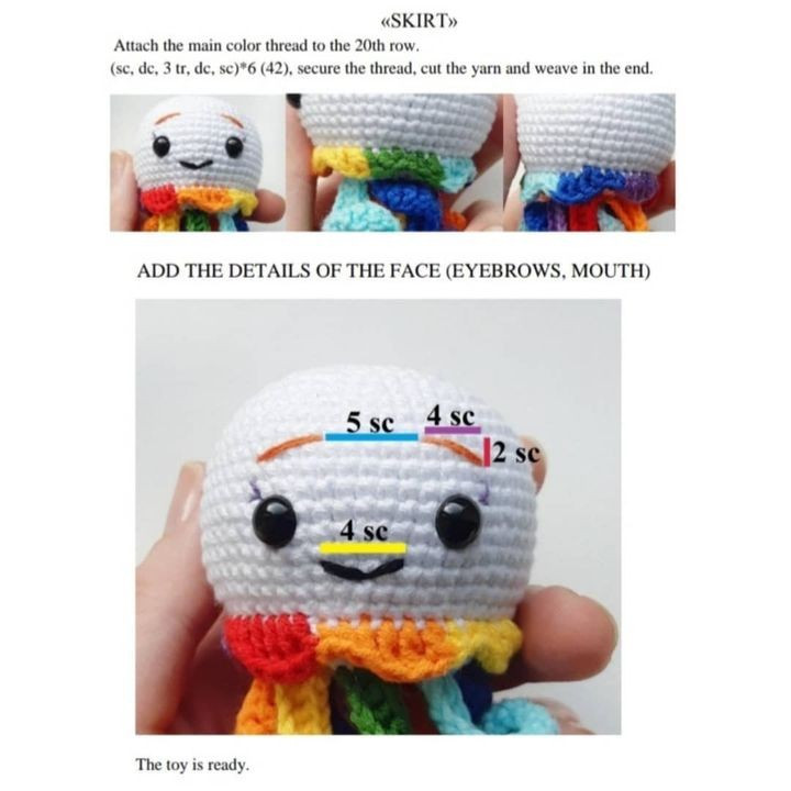 free crochet pattern jellyfish with rainbow tentacles.