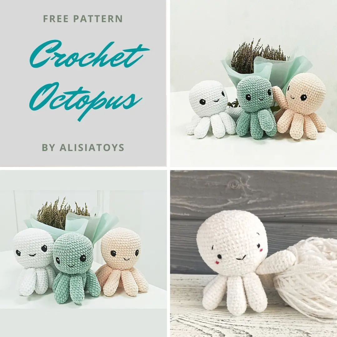 free crochet pattern octopus white, blue, yellow.